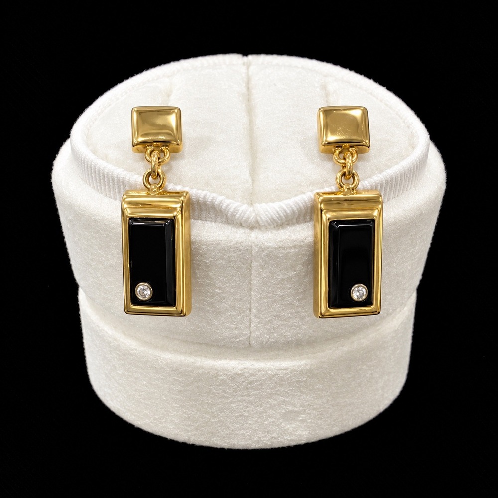 Vtg Avon Delmonico Drop Earrings Gold Tone Black Rhinestone 1976 Geometric